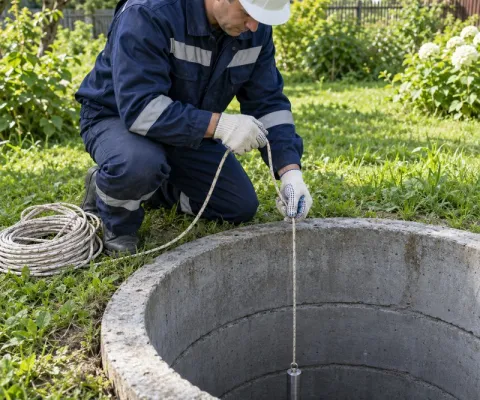 Замер уровня воды в колодце перед углублением